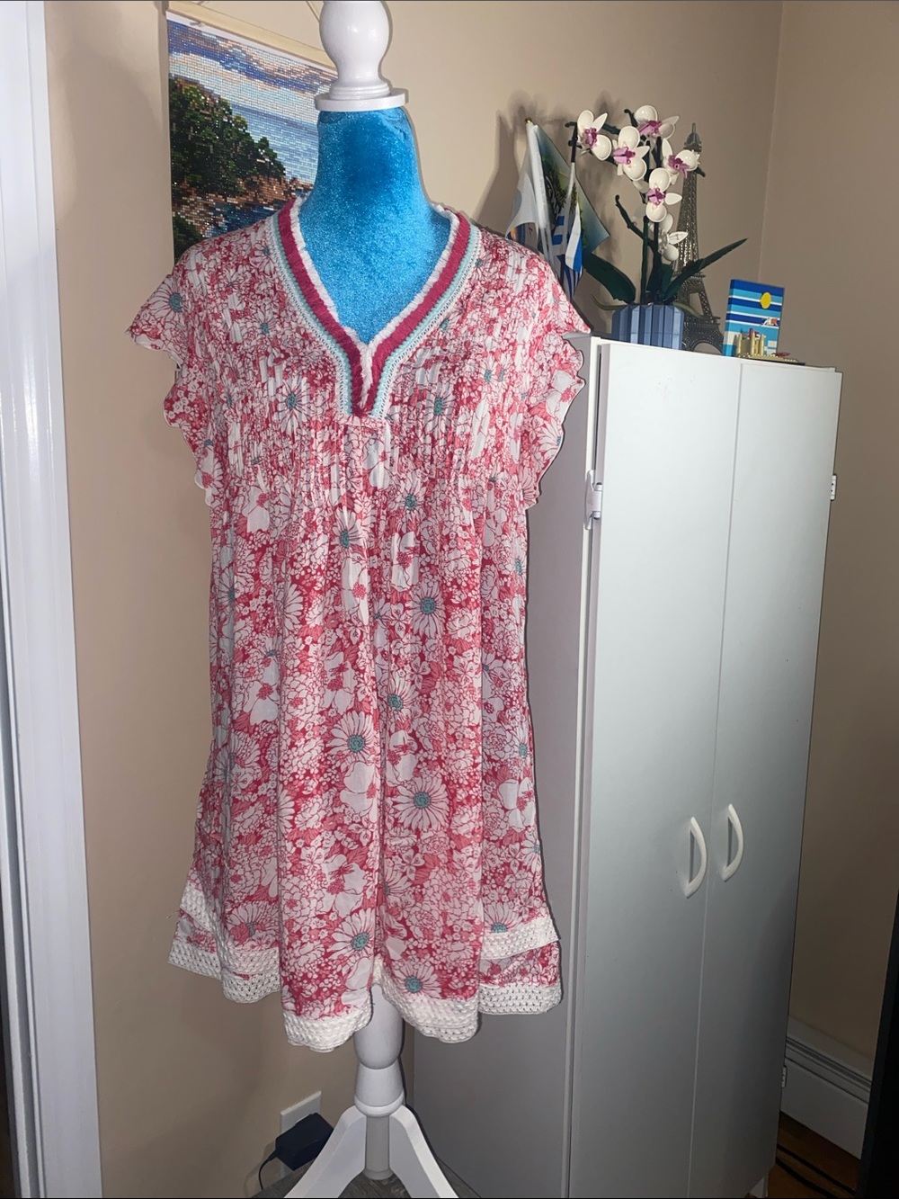 Poupette St. Barth Pink Floral Cotton Mini Dress with Crochet Trim